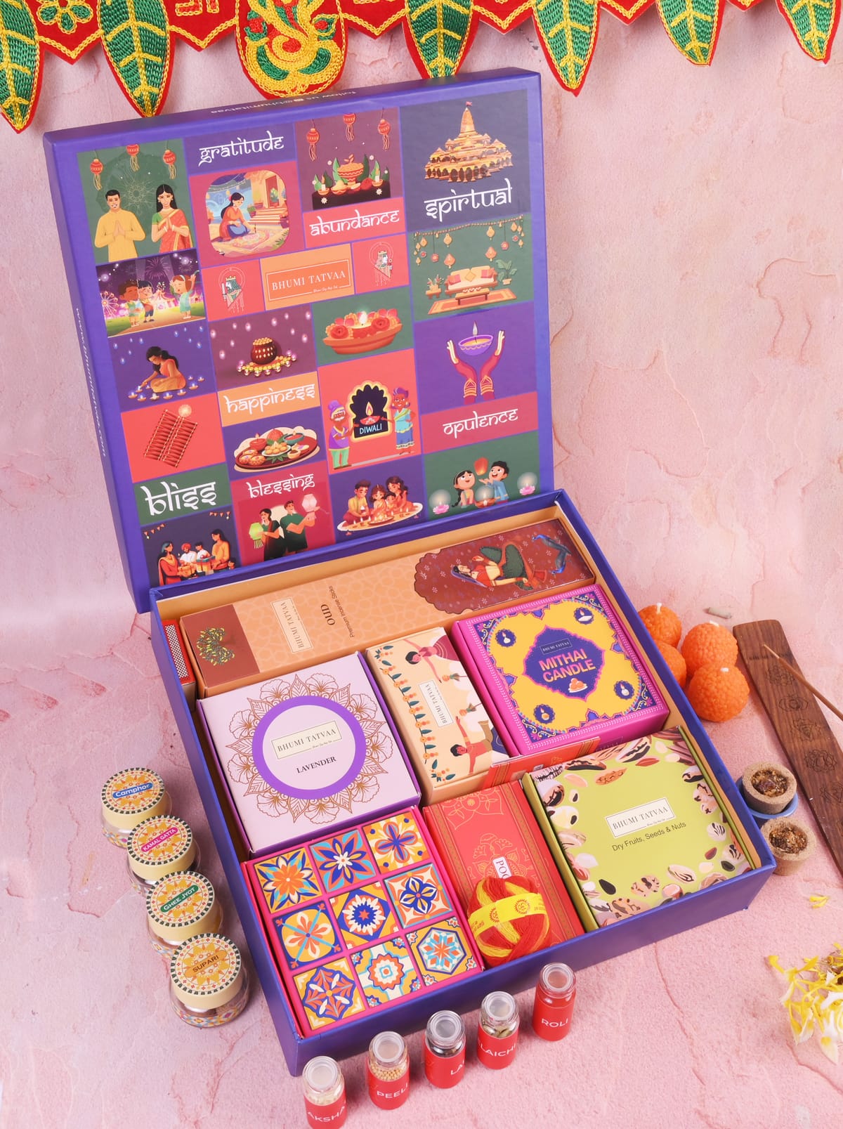 Open Bhumi Tatvaa Abundance hamper with curated wellness products and diyas