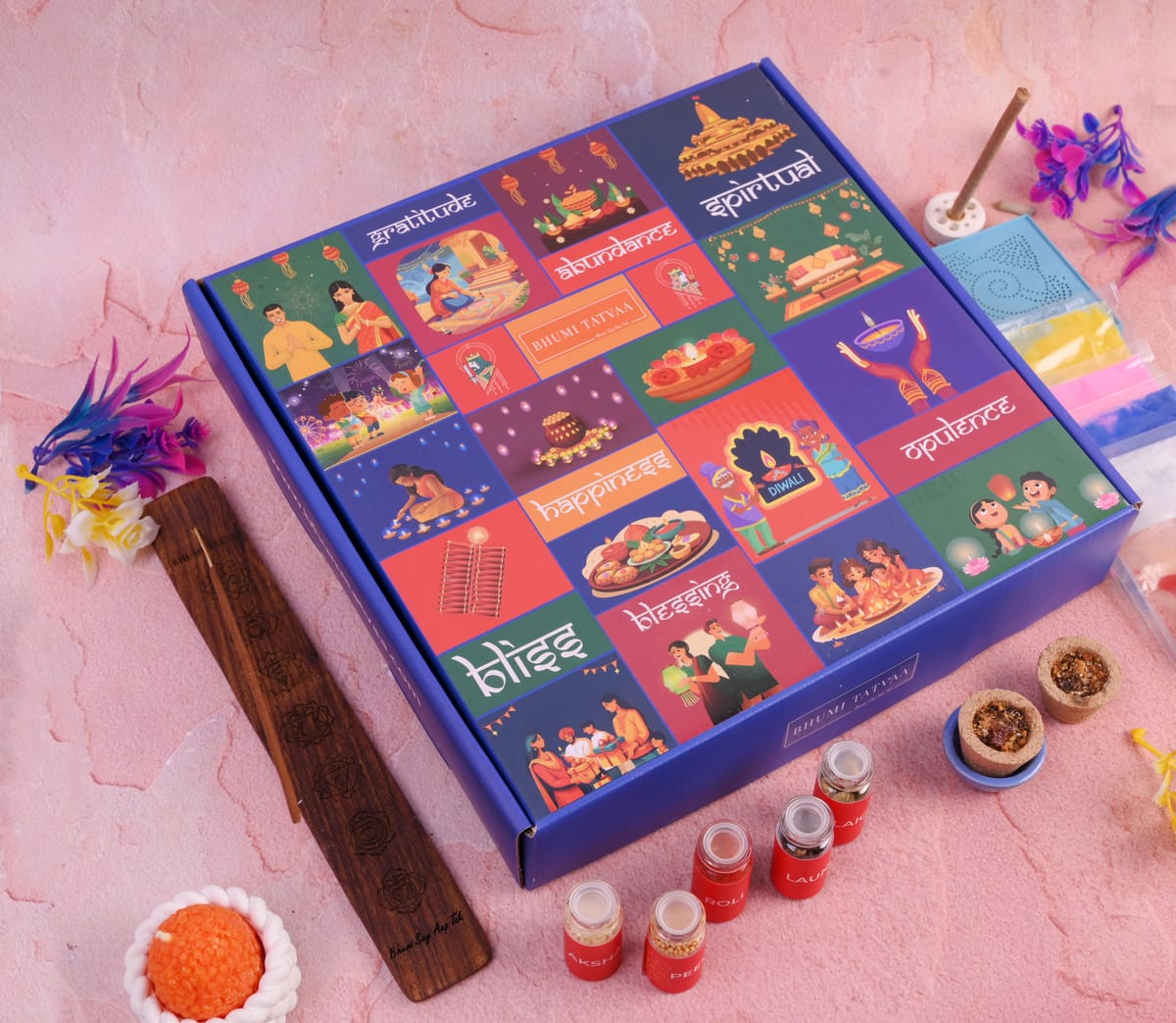 Closed Abundance hamper box showing the illustrated outer carton