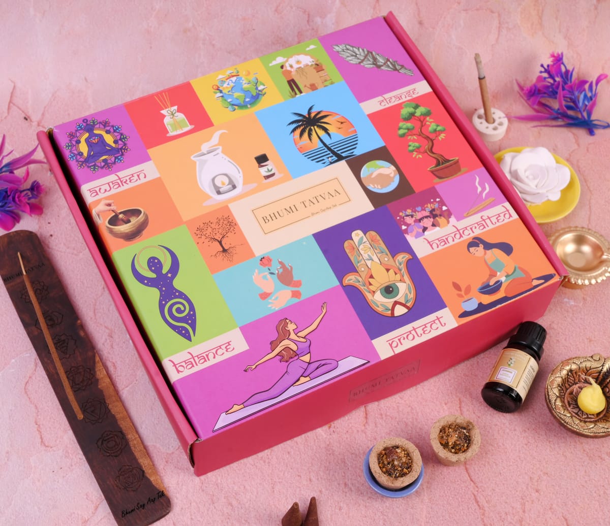 Closed Wellness hamper box showing the printed lid artwork