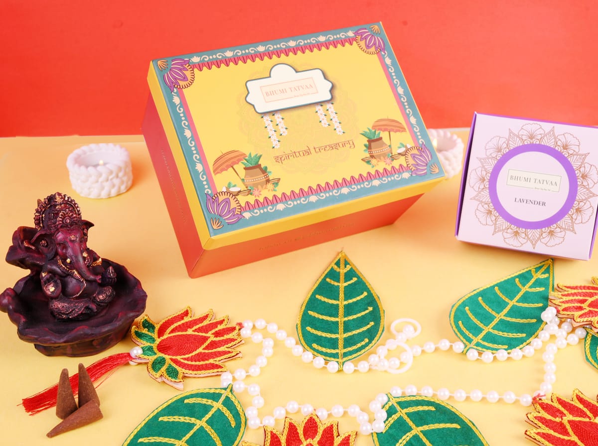 Bhumi Tatvaa Spiritual Treasure hamper styled with a Ganesha idol and lotus decor