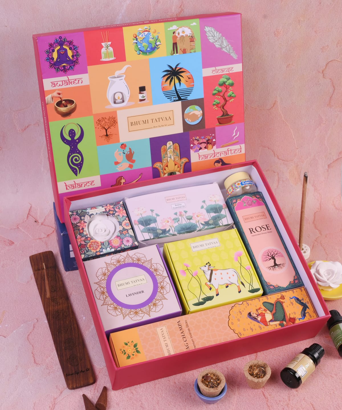 Open Bhumi Tatvaa Wellness hamper box showing incense, essential oils and havan cups